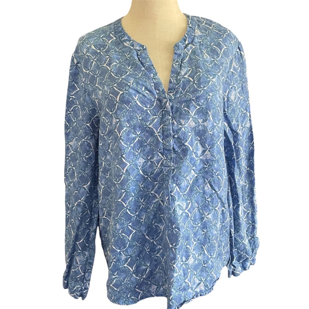 ZOZO Blue White 100% Linen Geometric Tile Print Split Neck Tunic‎ Top Womens L